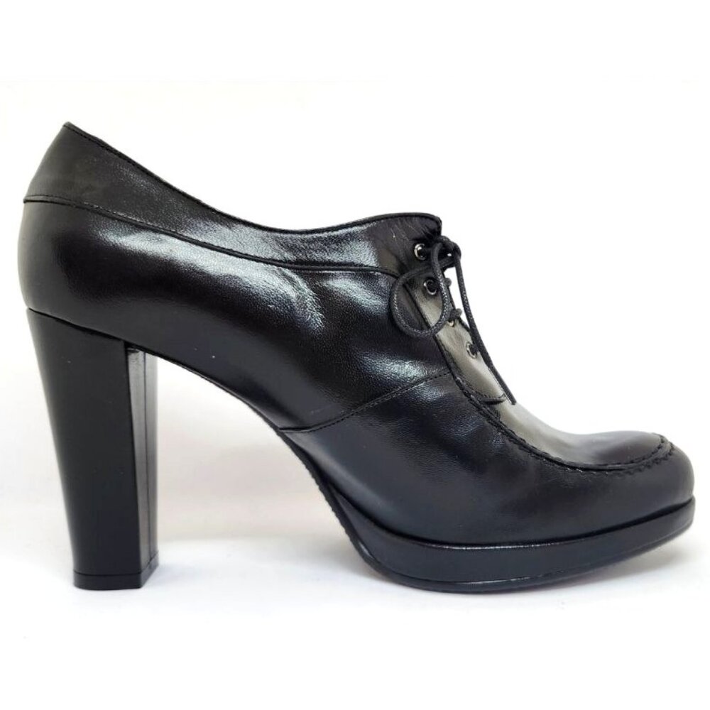 Laura Ferri Women's Black Leather Block Heel W/ Rounded Toe and Laces Size 39